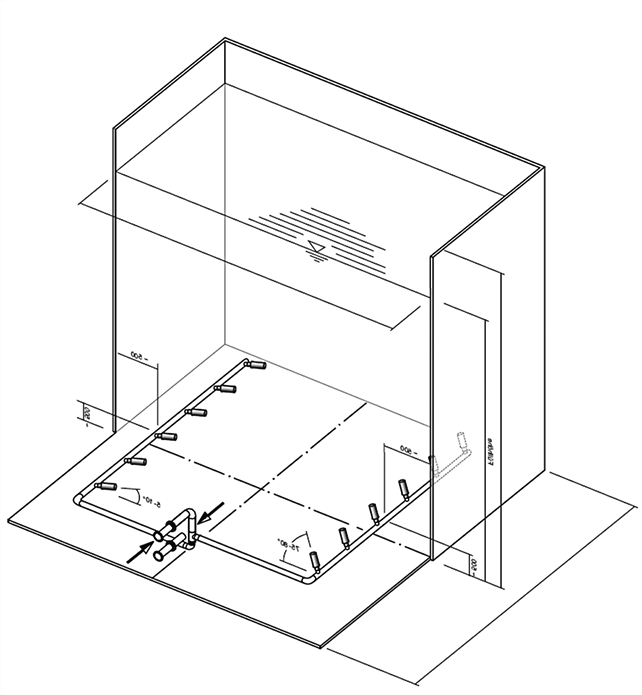 Modell eines Körting Tankmischsystems in einem quadratischen Tank